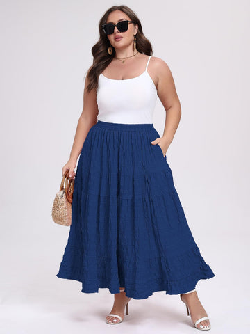 Plus Size Maxi Skirt Tiered A-Line - Navy