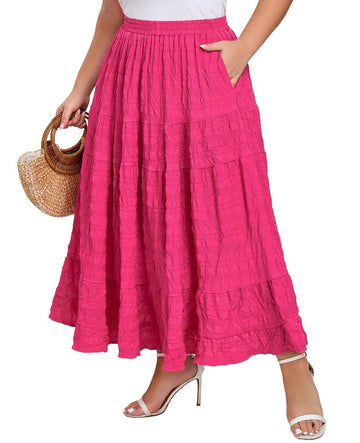 Plus Size Maxi Skirt Tiered A-Line - Rose