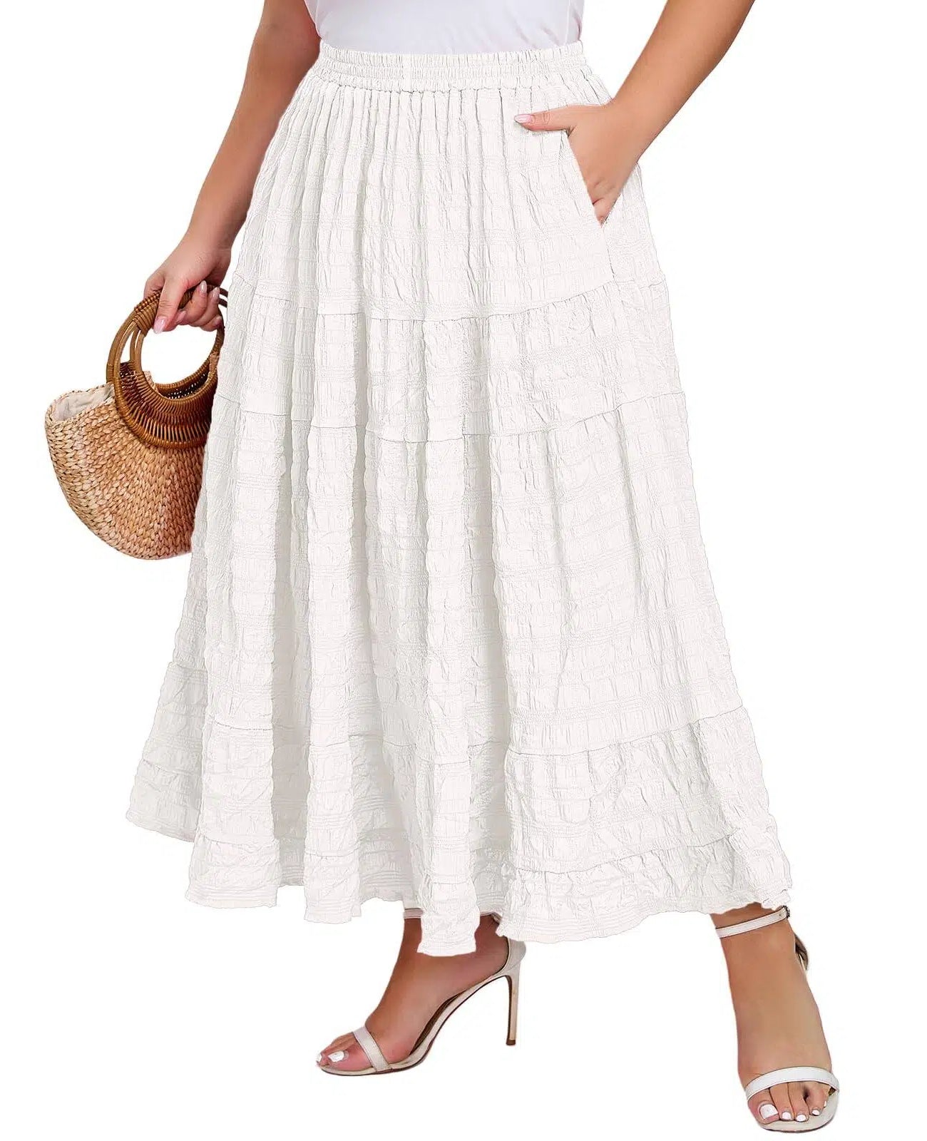 Plus Size Maxi Skirt Tiered A-Line - White