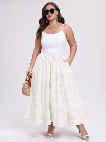 Plus Size Maxi Skirt Tiered A-Line - White
