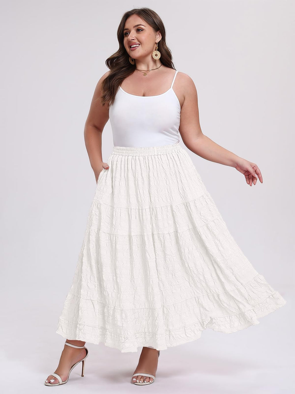 Plus Size Maxi Skirt Tiered A-Line - White-Moon Wood