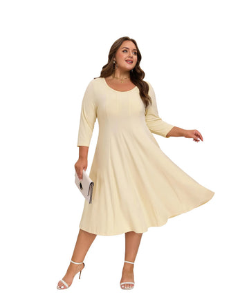 Plus Size Midi Dress 3/4 Sleeve Crew Neck - Beige