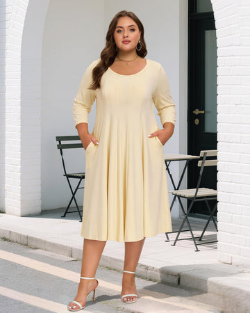 Plus Size Midi Dress 3/4 Sleeve Crew Neck - Beige