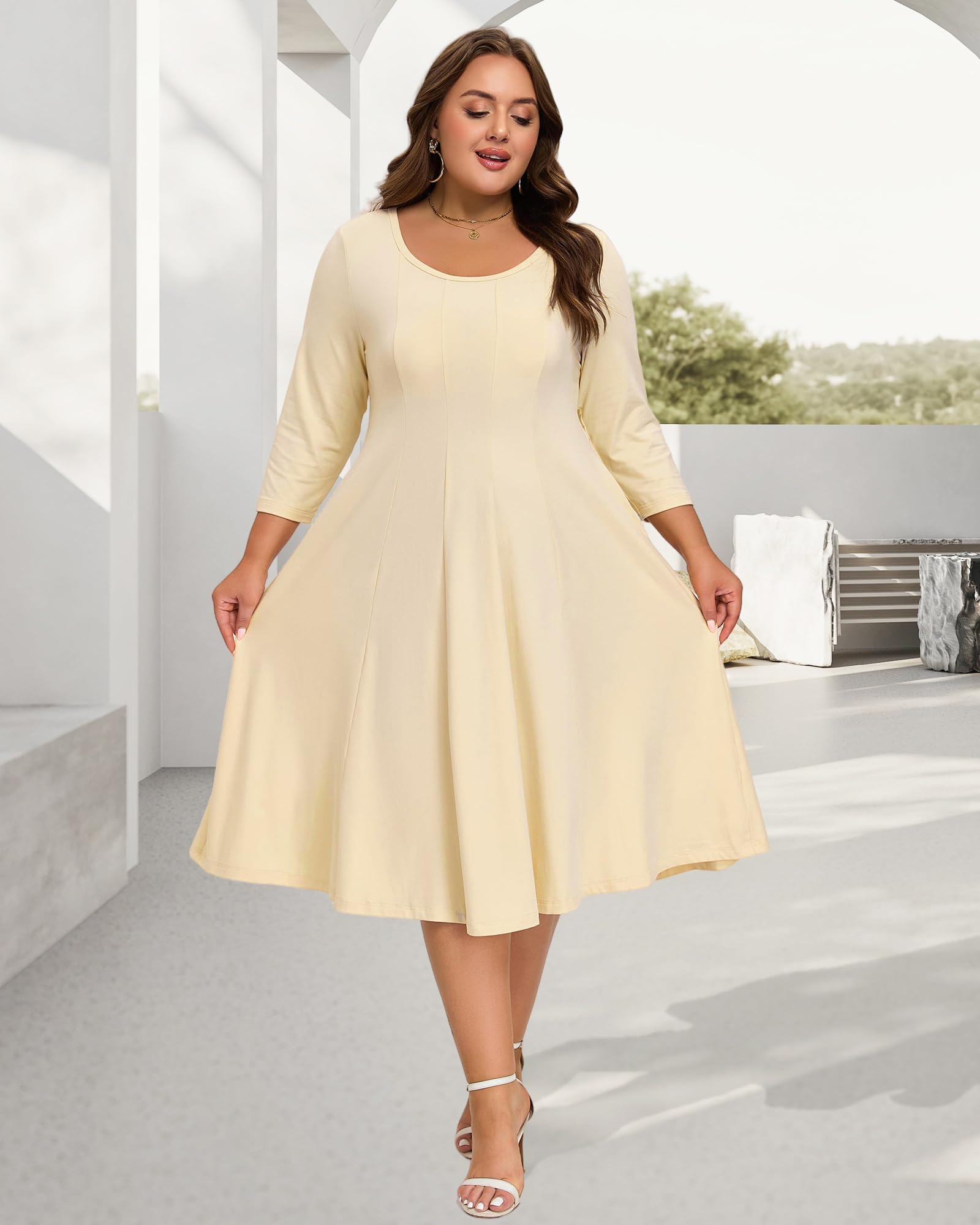 Plus Size Midi Dress 3/4 Sleeve Crew Neck - Beige, XXL Plus Size Midi Dress 3/4 Sleeve Crew Neck - Beige, XXL