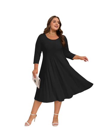 Plus Size Midi Dress 3/4 Sleeve Crew Neck - Black
