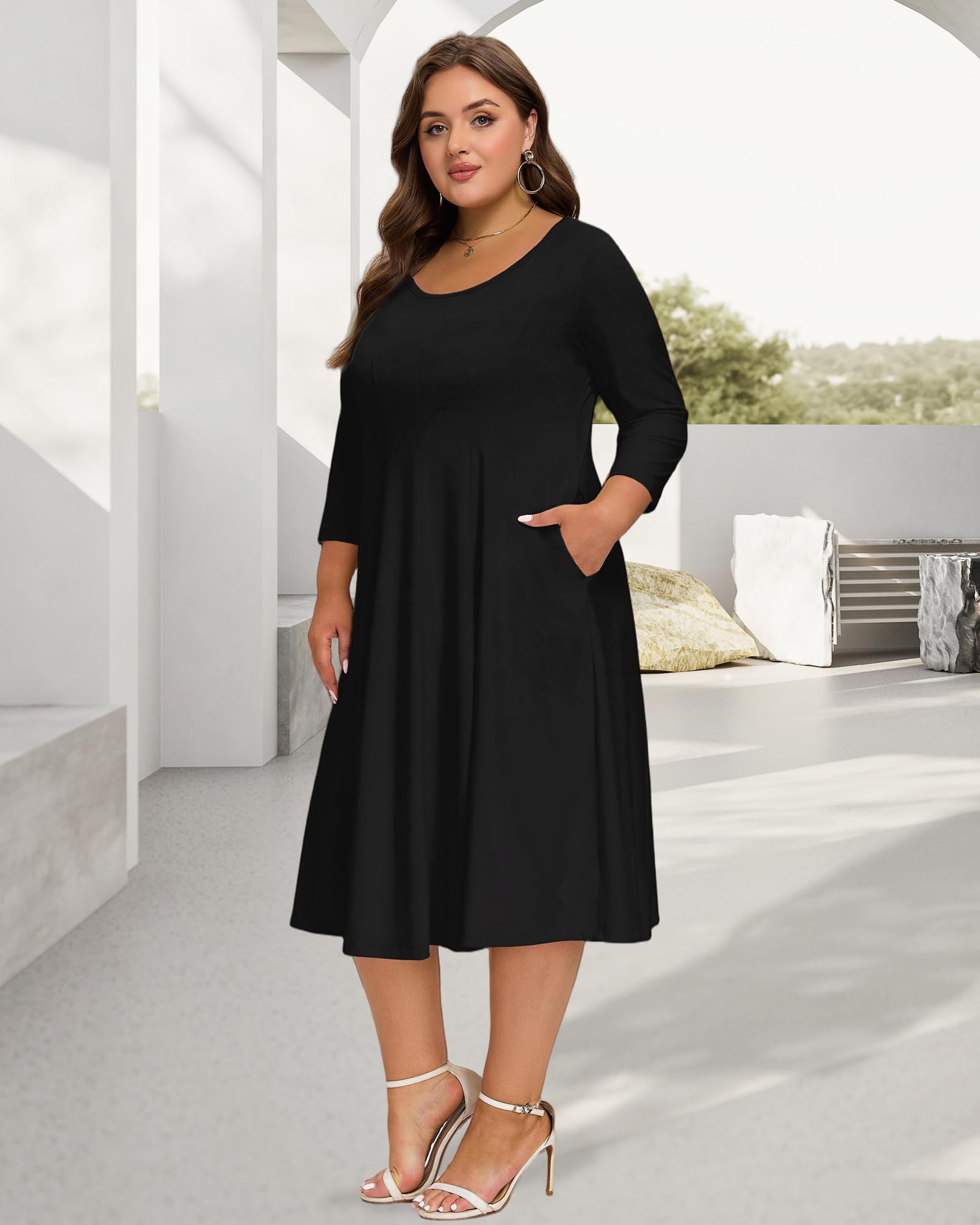 Plus Size Midi Dress 3/4 Sleeve Crew Neck - Black | Moon Wood Plus Size Midi Dress 3/4 Sleeve Crew Neck - Black | Moon Wood