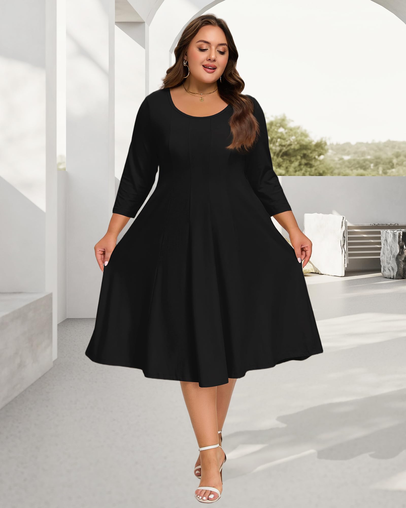 Plus Size Midi Dress 3/4 Sleeve Crew Neck - Black | Moon Wood Plus Size Midi Dress 3/4 Sleeve Crew Neck - Black | Moon Wood