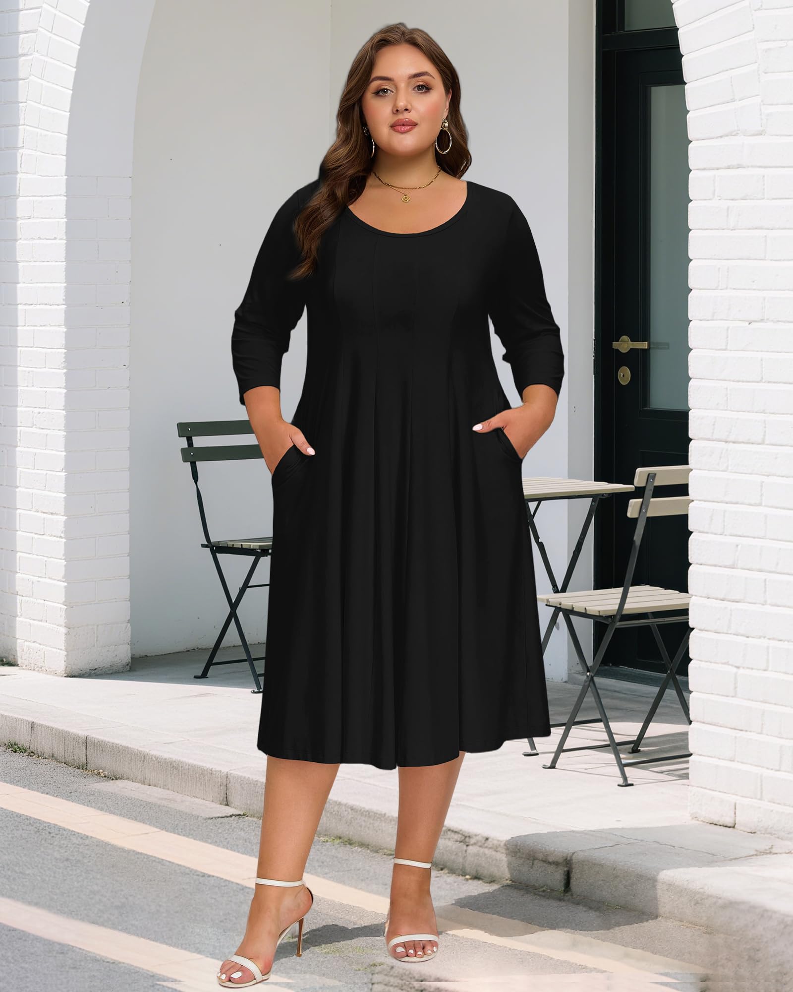 Plus Size Midi Dress 3/4 Sleeve Crew Neck - Black | Moon Wood Plus Size Midi Dress 3/4 Sleeve Crew Neck - Black | Moon Wood