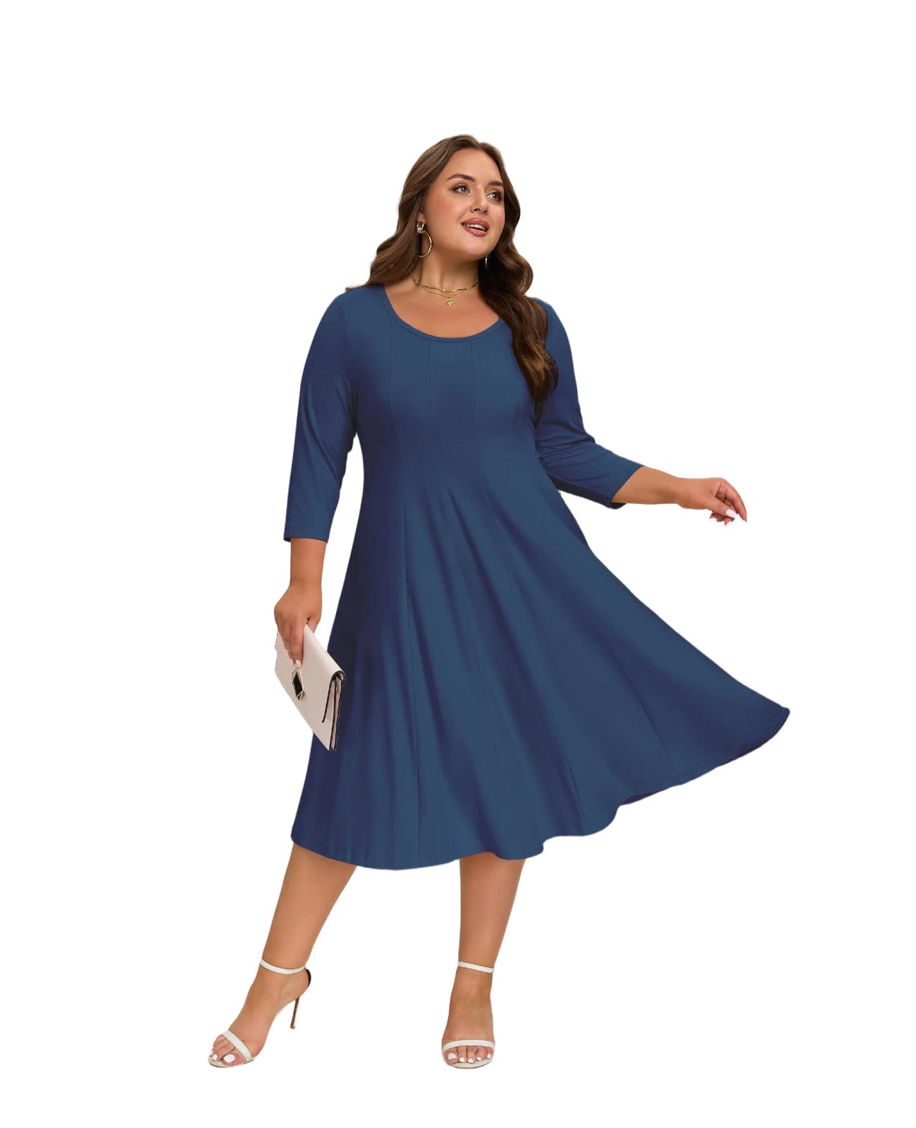Plus Size Midi Dress 3/4 Sleeve Crew Neck - Navy Blue-Moon Wood