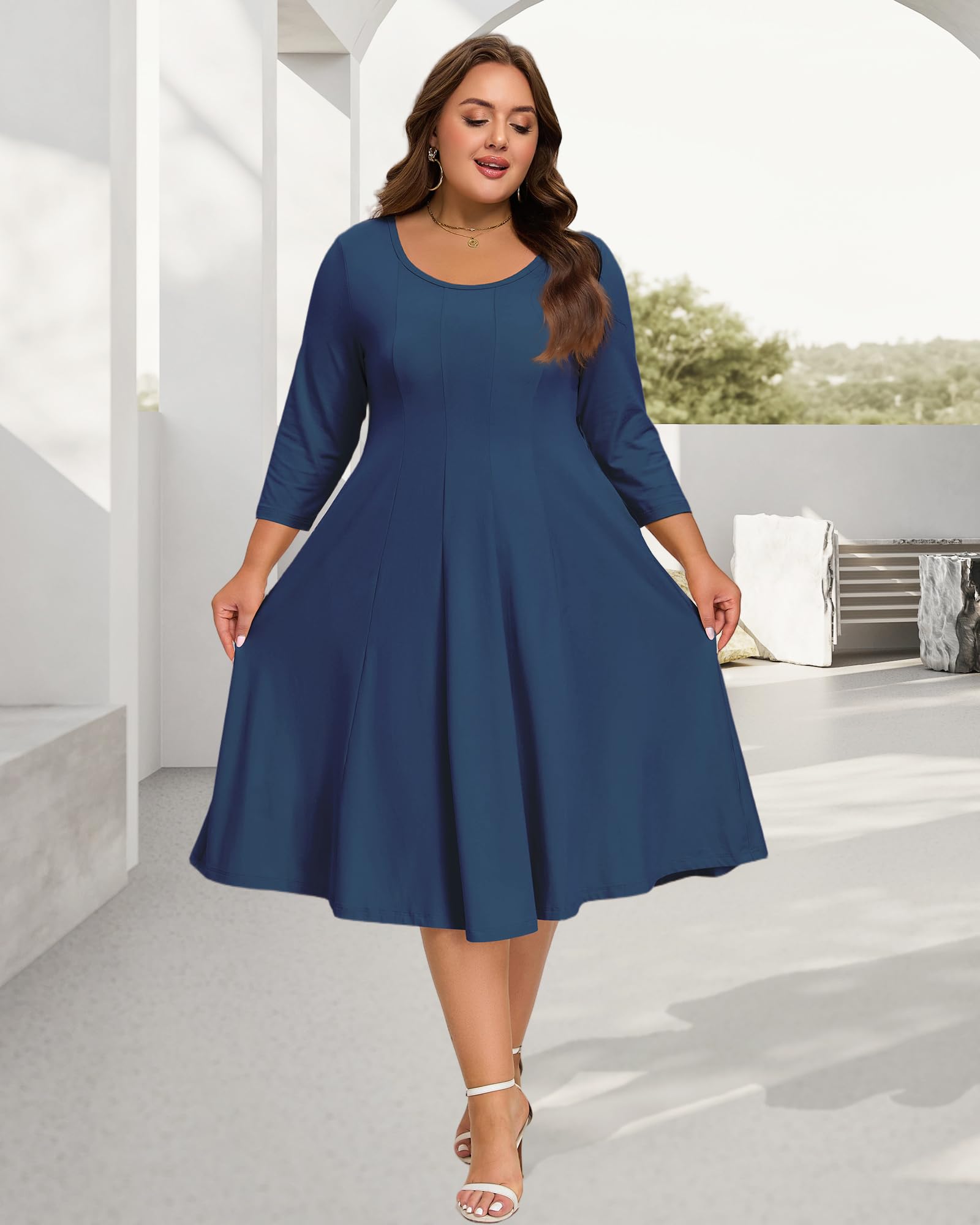 Plus Size Midi Dress 3/4 Sleeve Crew Neck - Navy Blue-Moon Wood