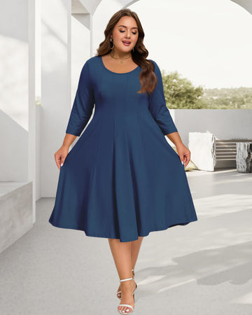 Plus Size Midi Dress 3/4 Sleeve Crew Neck - Navy Blue