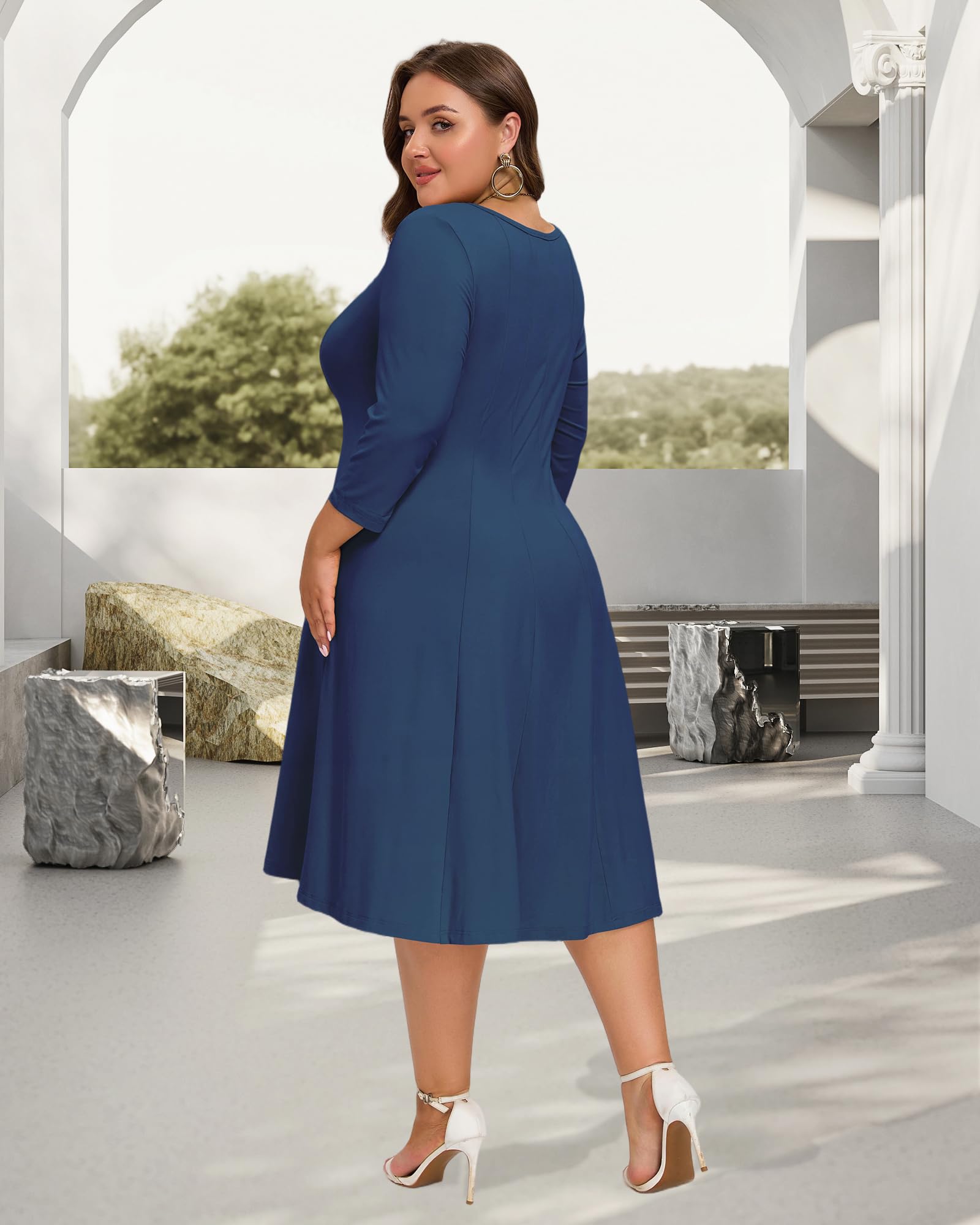 Plus Size Midi Dress 3/4 Sleeve Crew Neck - Navy Blue | Moon Wood Plus Size Midi Dress 3/4 Sleeve Crew Neck - Navy Blue | Moon Wood
