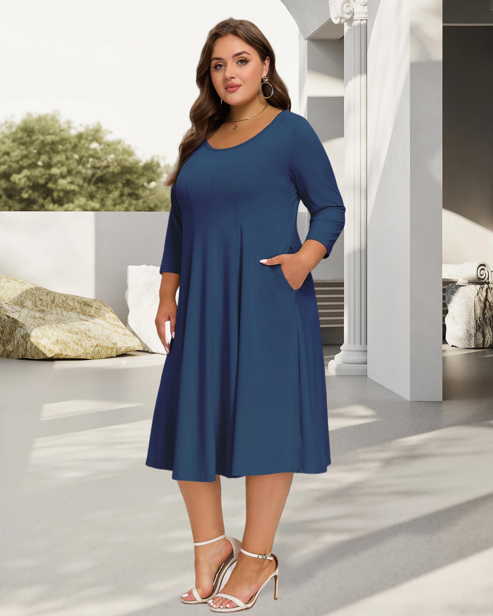 Plus Size Midi Dress 3/4 Sleeve Crew Neck - Navy Blue-Moon Wood