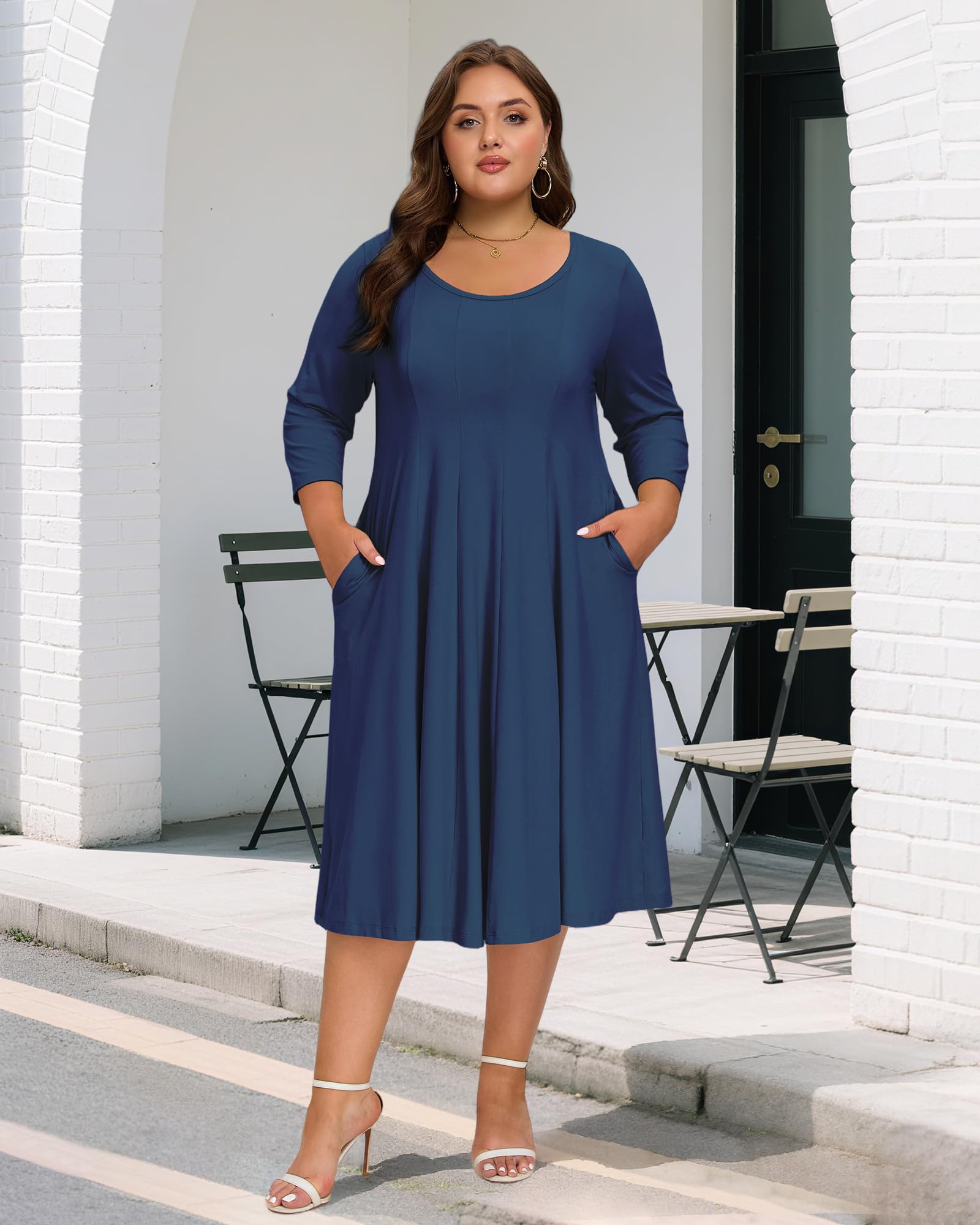 Plus Size Midi Dress 3/4 Sleeve Crew Neck - Navy Blue-Moon Wood