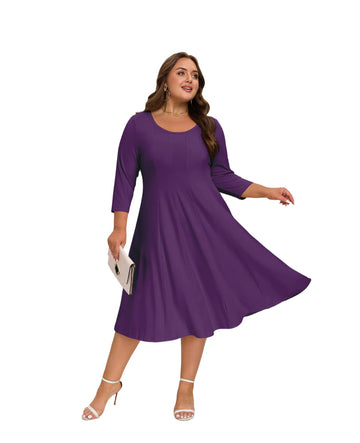 Plus Size Midi Dress 3/4 Sleeve Crew Neck - Purple