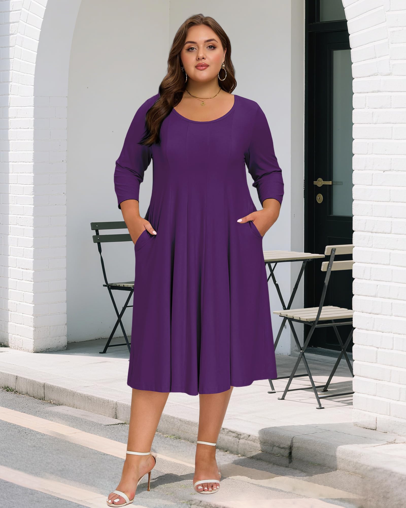 Plus Size Midi Dress 3/4 Sleeve Crew Neck - Purple | Moon Wood Plus Size Midi Dress 3/4 Sleeve Crew Neck - Purple | Moon Wood