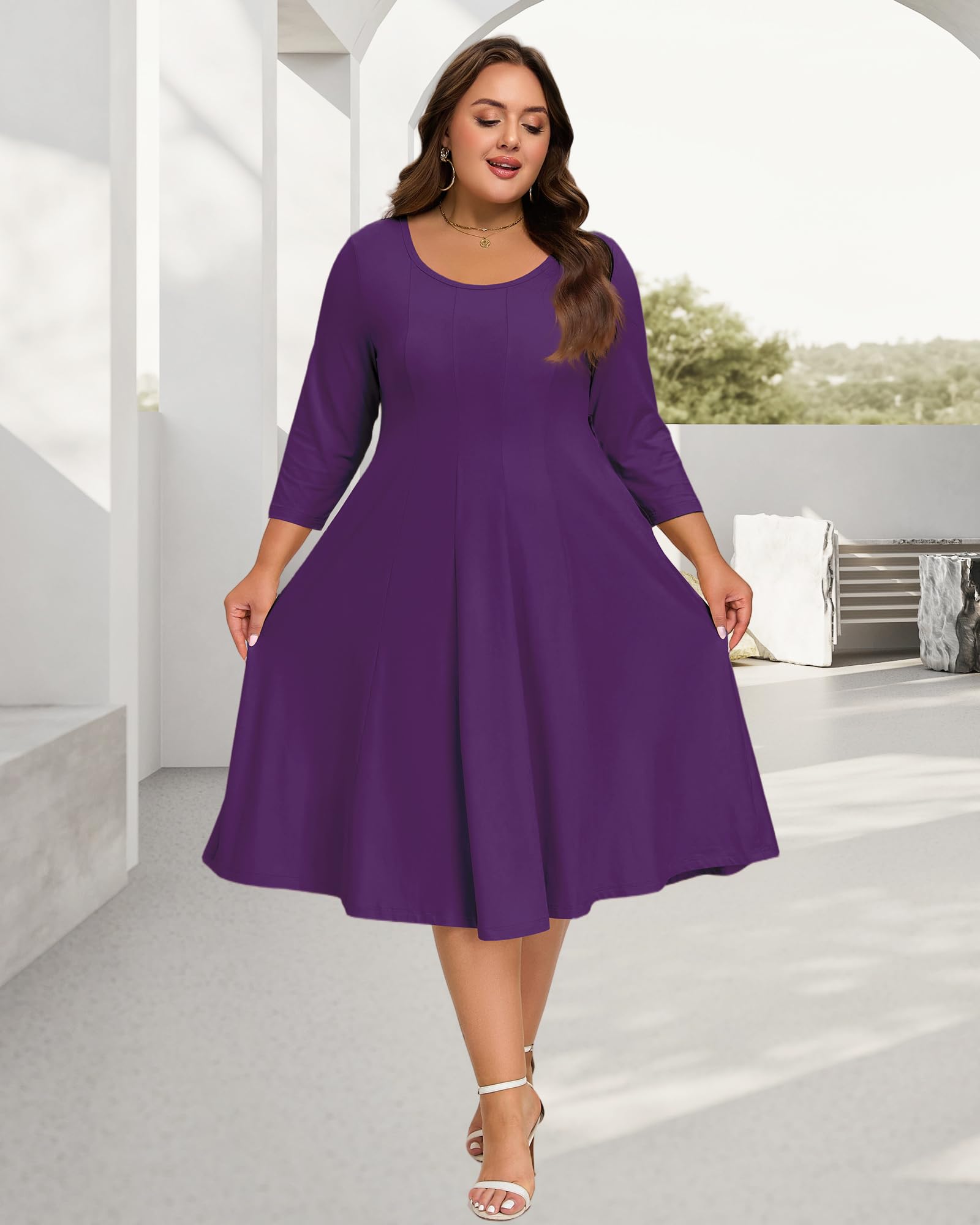 Plus Size Midi Dress 3/4 Sleeve Crew Neck - Purple | Moon Wood Plus Size Midi Dress 3/4 Sleeve Crew Neck - Purple | Moon Wood