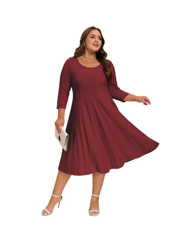 Plus Size Midi Dress 3/4 Sleeve Crew Neck - Wine Red