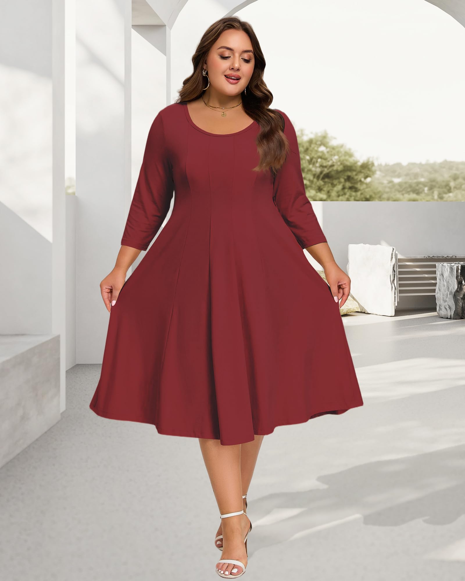 Plus Size Midi Dress 3/4 Sleeve Crew Neck - Wine Red | Moon Wood Plus Size Midi Dress 3/4 Sleeve Crew Neck - Wine Red | Moon Wood