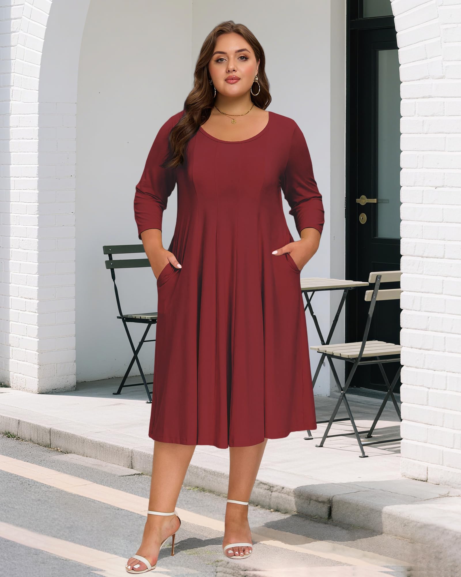 Plus Size Midi Dress 3/4 Sleeve Crew Neck - Wine Red, 5XL Plus Size Midi Dress 3/4 Sleeve Crew Neck - Wine Red, 5XL
