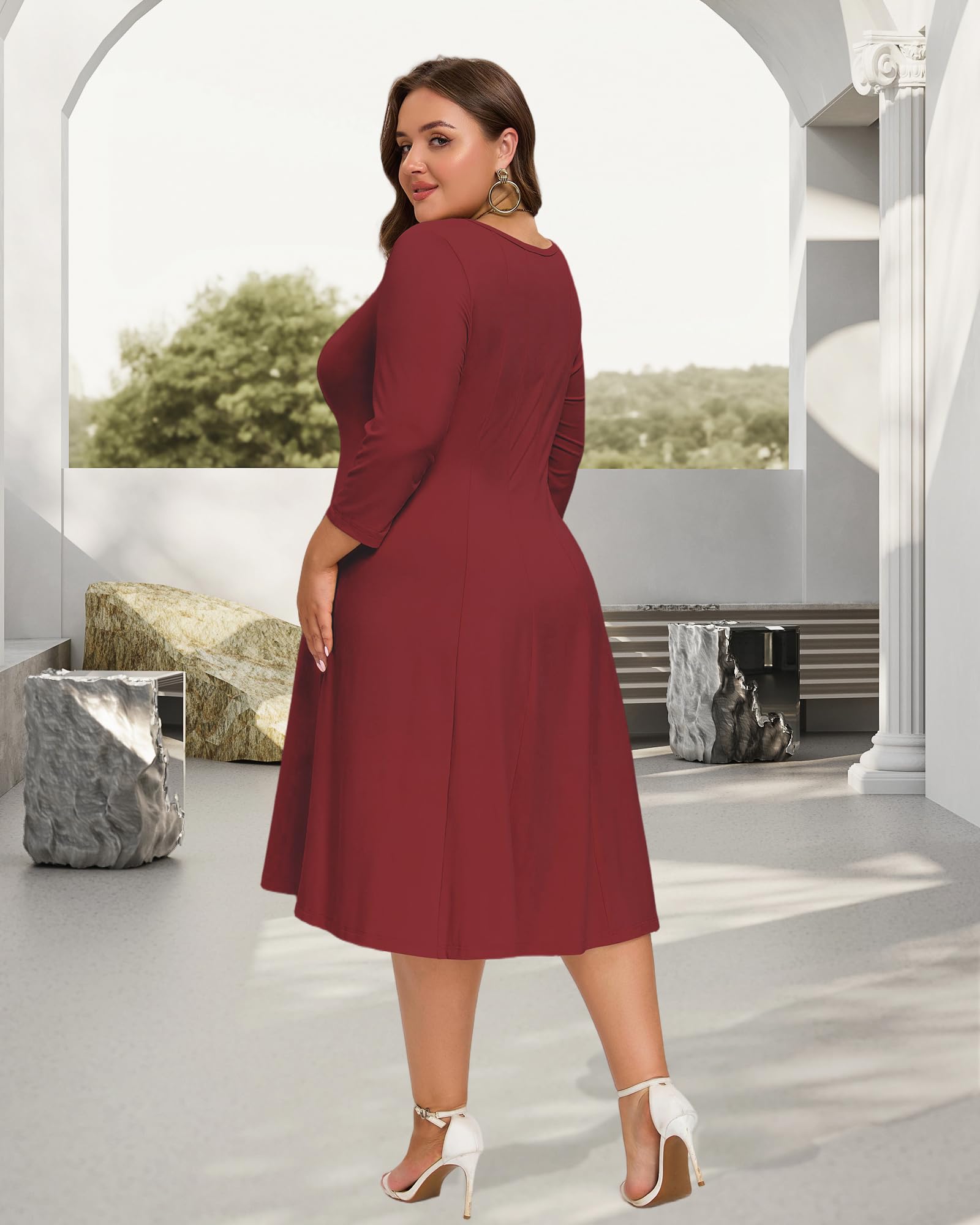 Plus Size Midi Dress 3/4 Sleeve Crew Neck - Wine Red | Moon Wood Plus Size Midi Dress 3/4 Sleeve Crew Neck - Wine Red | Moon Wood