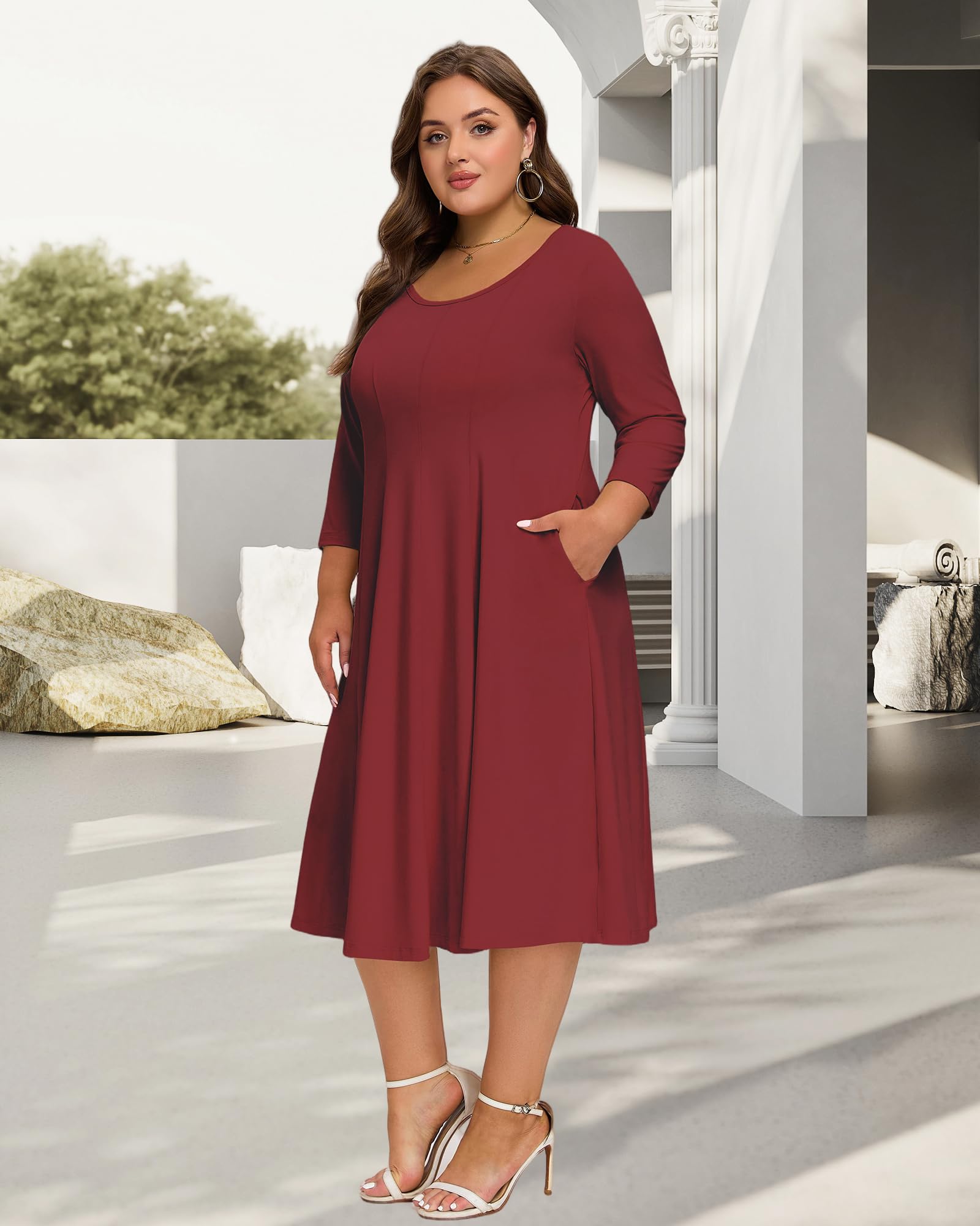 Plus Size Midi Dress 3/4 Sleeve Crew Neck - Wine Red, 5XL Plus Size Midi Dress 3/4 Sleeve Crew Neck - Wine Red, 5XL