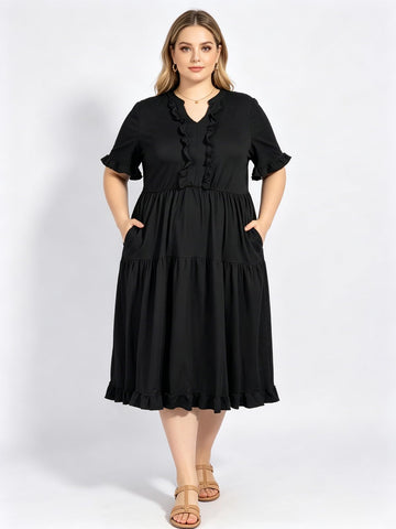 Plus Size Midi Dress Ruffle V-Neck - Black