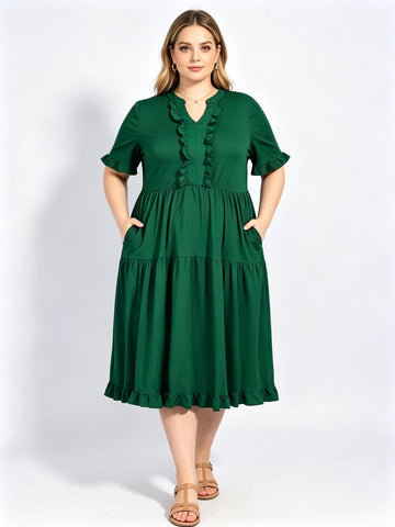 Plus Size Midi Dress Ruffle V-Neck - Dark Green