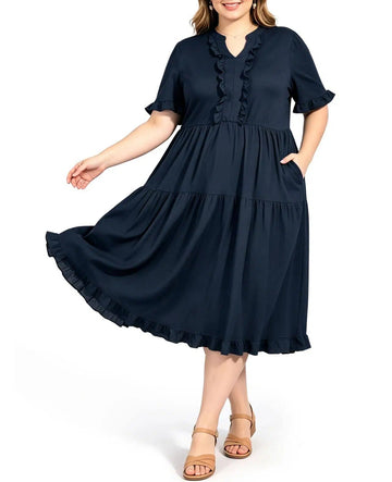 Plus Size Midi Dress Ruffle V-Neck - Navy Blue | Moon Wood Plus Size Midi Dress Ruffle V-Neck - Navy Blue | Moon Wood