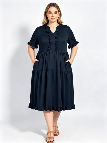 Plus Size Midi Dress Ruffle V-Neck - Navy Blue