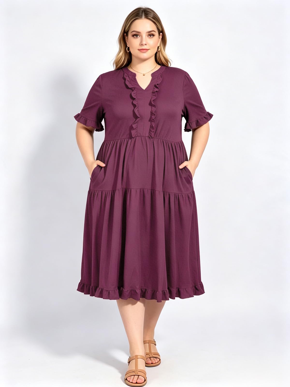Plus Size Midi Dress Ruffle V-Neck - Purple Plus Size Midi Dress Ruffle V-Neck - Purple