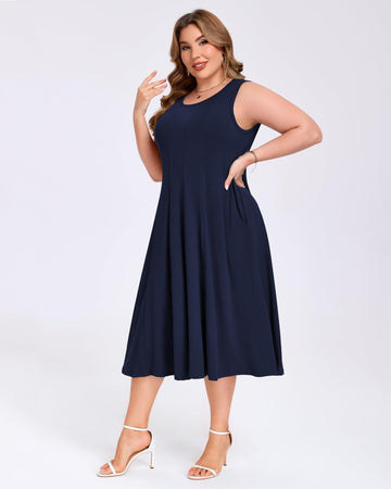 Plus Size Midi Dress Sleeveless Tank - Navy Blue
