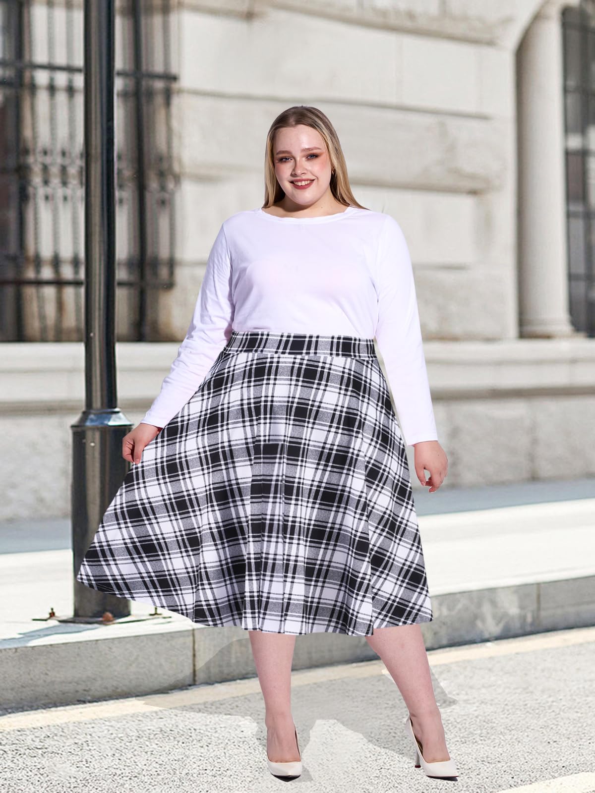 Plus Size Midi Plaid Skirt High Waisted Flared-Black & White - Moon Wood