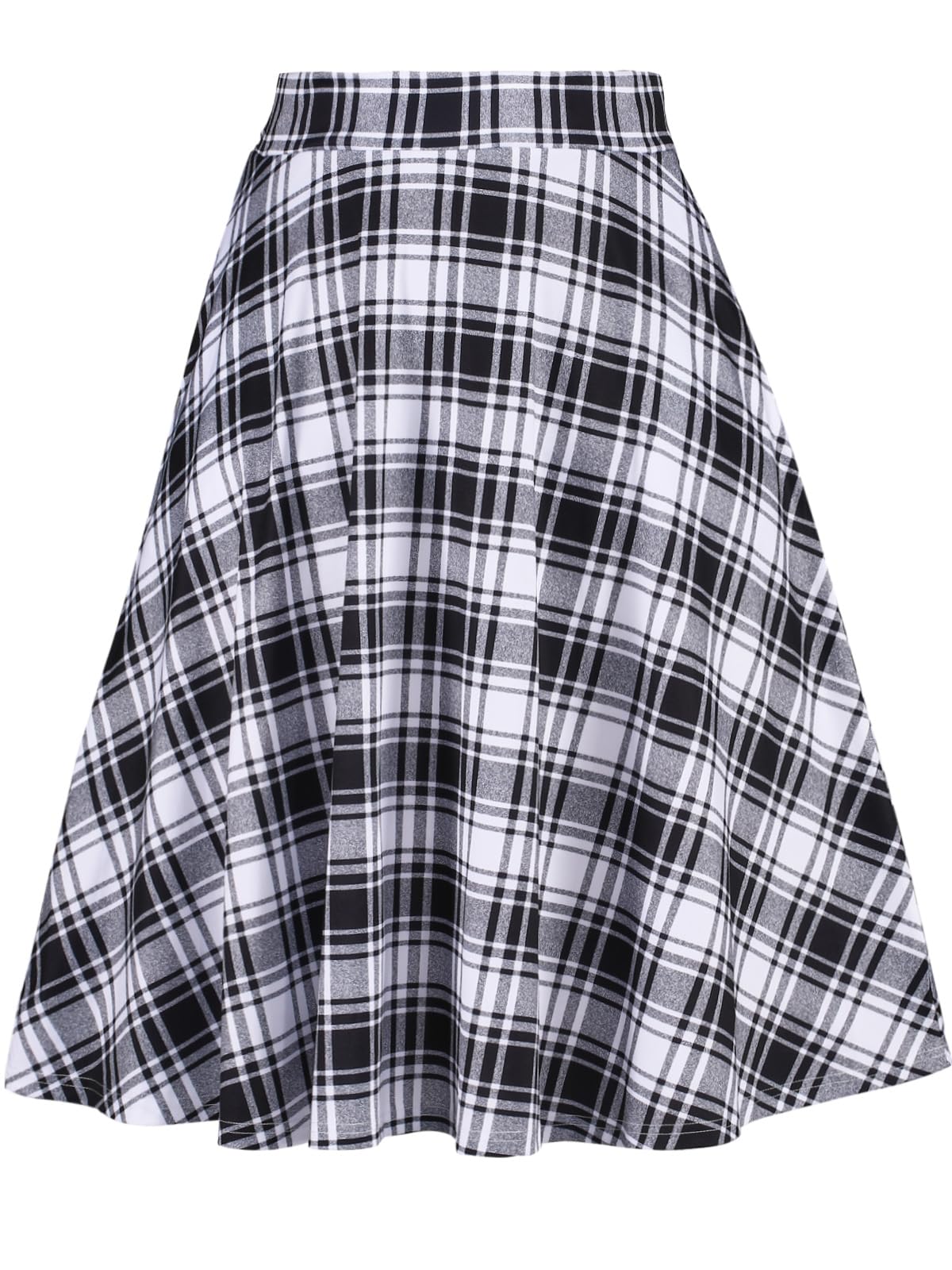 Plus Size Midi Plaid Skirt High Waisted Flared-Black & White - Moon Wood