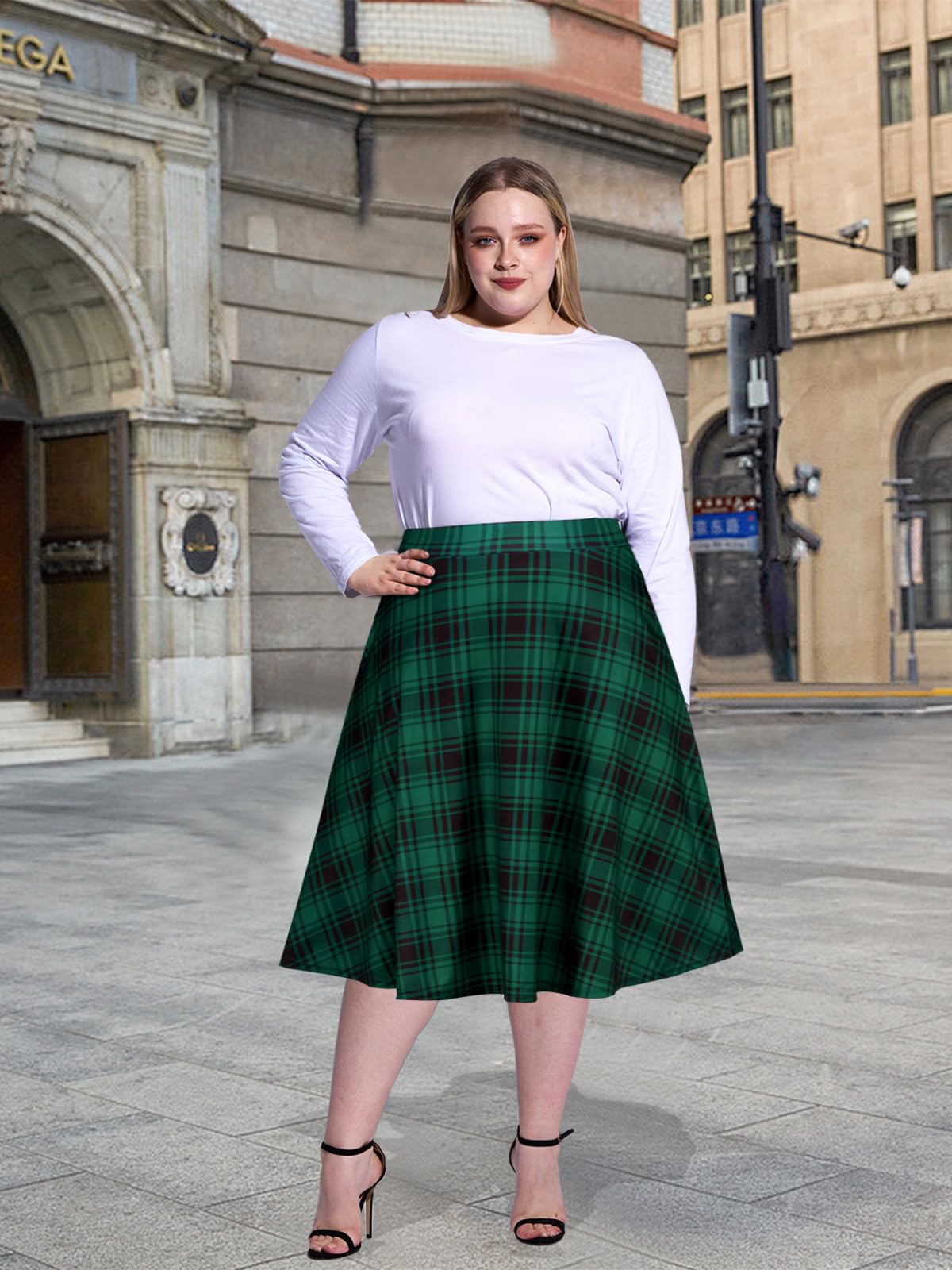 Short Plaid Green Flare Skirt Waist Black Flare Skirt 4xl Women's