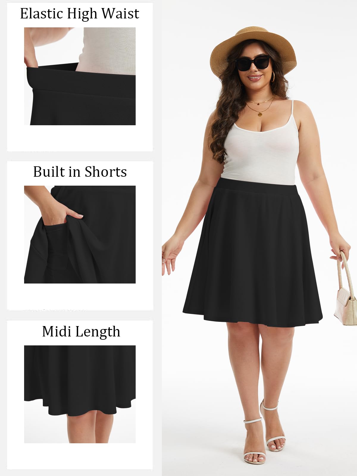 Plus Size Midi Skater Skirt with Shorts - Black丨Moon Wood
