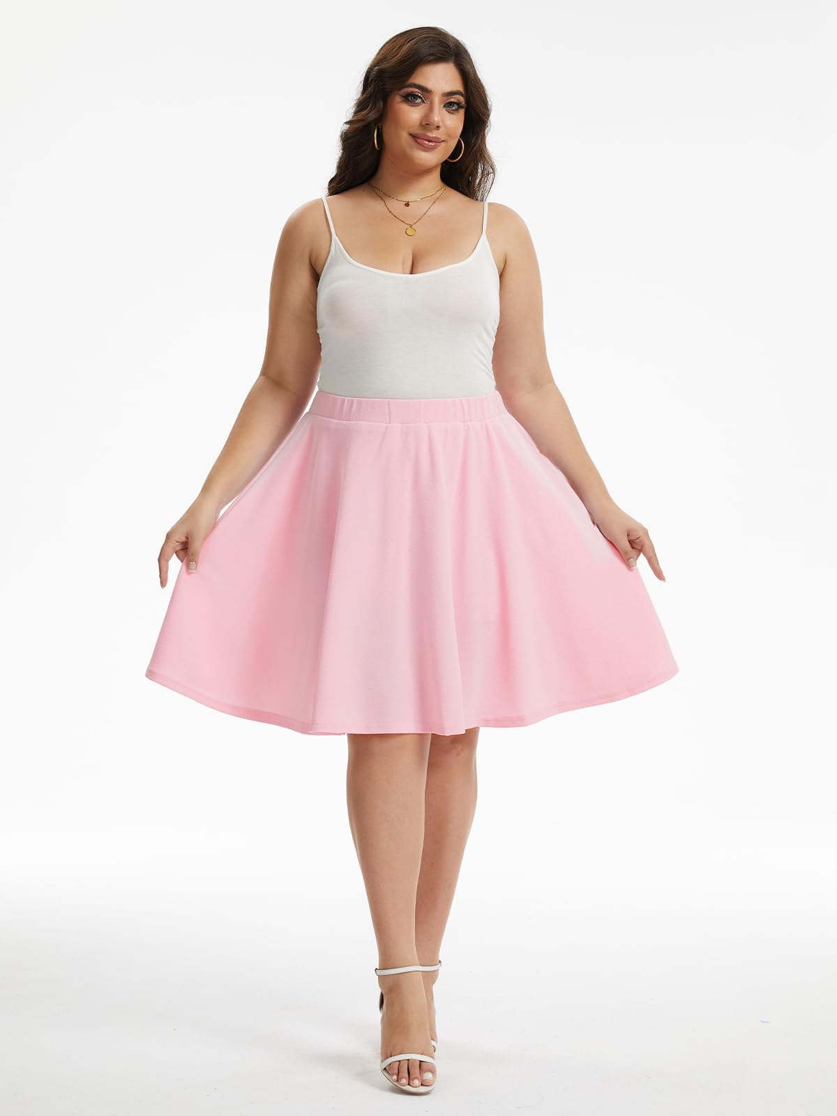 Plus Size Midi Skater Skirt with Shorts Pink丨Moon Wood