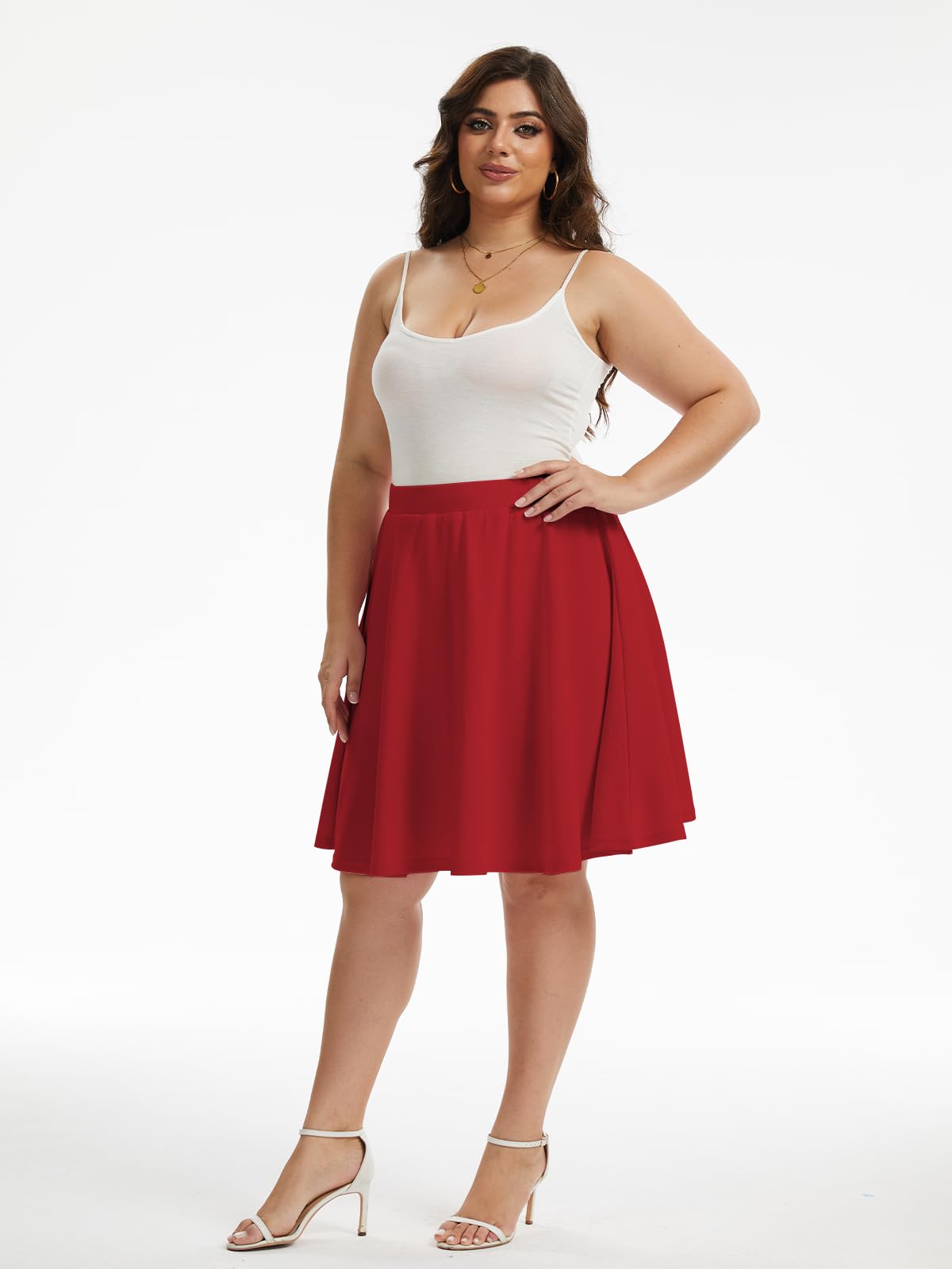 Plus Size Midi Skater Skirt with Shorts - Red丨Moon Wood