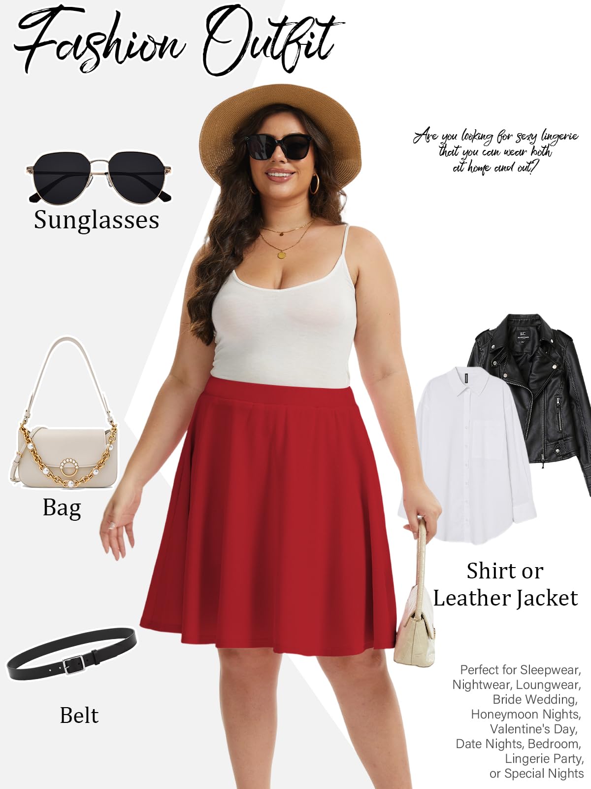 Plus Size Midi Skater Skirt with Shorts - Red丨Moon Wood