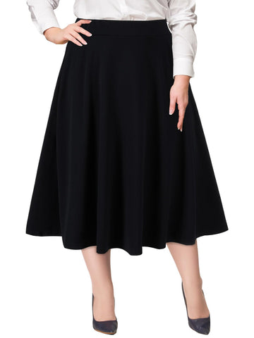 Plus Size Midi Skirt High Elastic Waist - Black