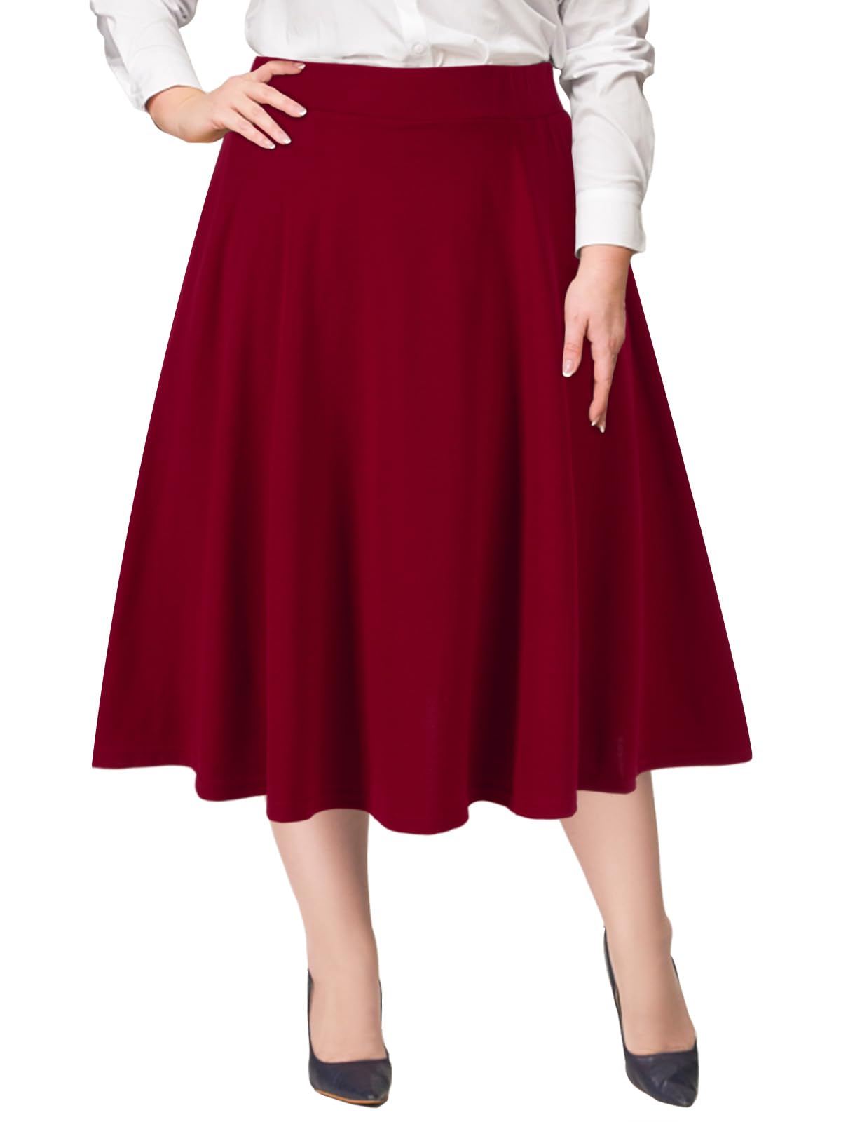 Plus Size Midi Skirt High Elastic Waist - Burgundy-Moon Wood