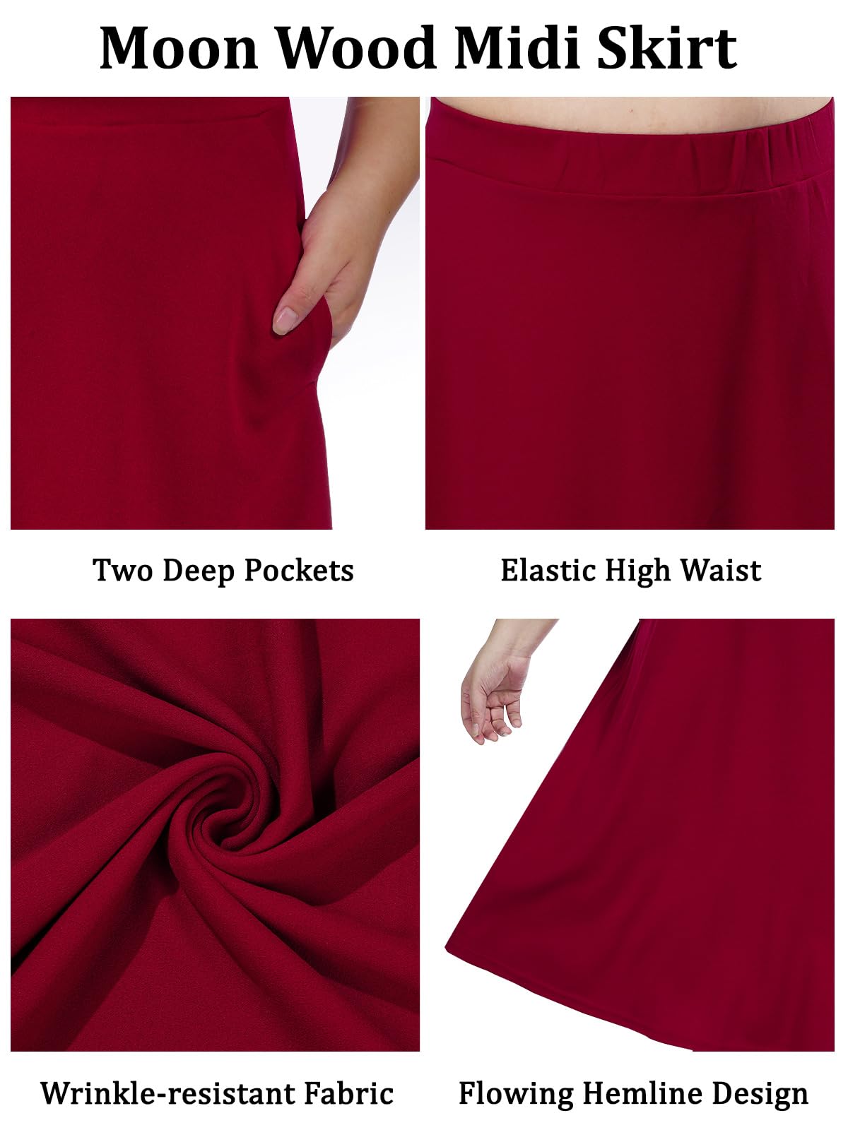 Plus Size Midi Skirt High Elastic Waist - Burgundy-Moon Wood