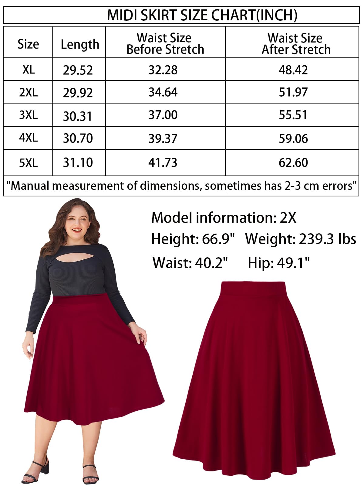 Plus Size Midi Skirt High Elastic Waist - Burgundy-Moon Wood