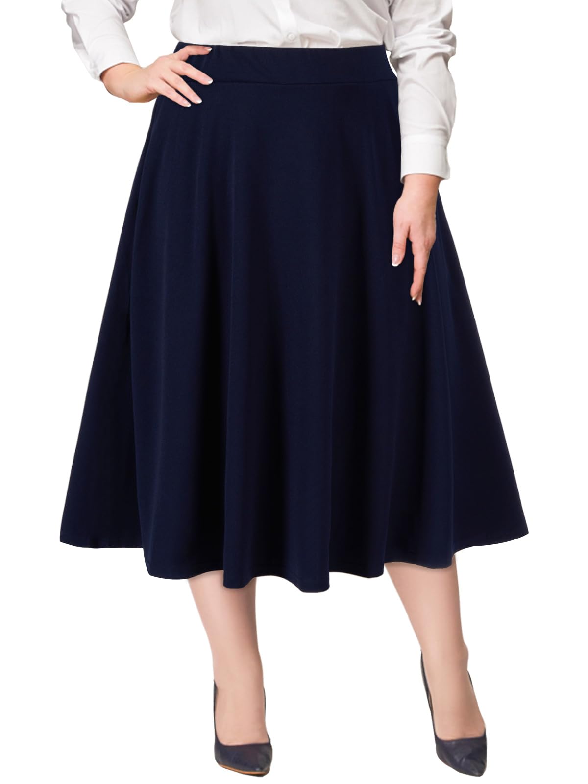 Plus Size Midi Skirt High Elastic Waist - Navy-Moon Wood