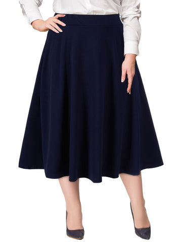 Plus Size Midi Skirt High Elastic Waist - Navy