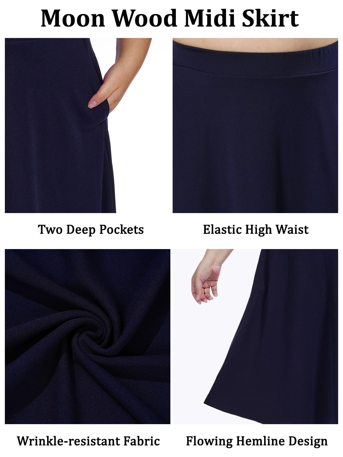 Plus Size Midi Skirt High Elastic Waist - Navy-Moon Wood