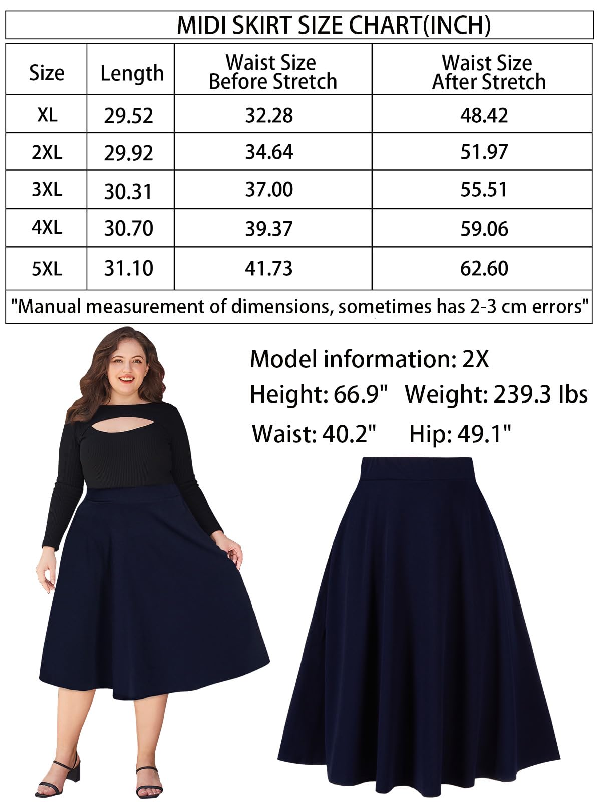 Plus Size Midi Skirt High Elastic Waist - Navy-Moon Wood