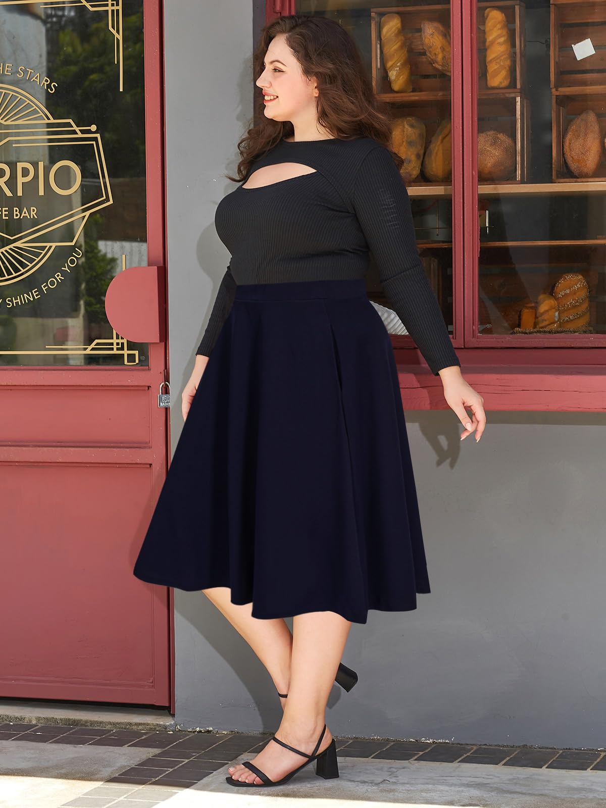 Plus Size Midi Skirt High Elastic Waist - Navy-Moon Wood