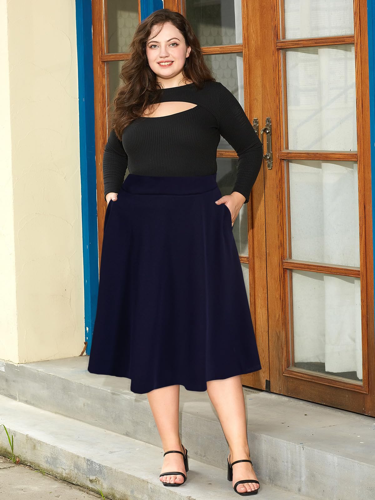 Plus Size Midi Skirt High Elastic Waist - Navy-Moon Wood