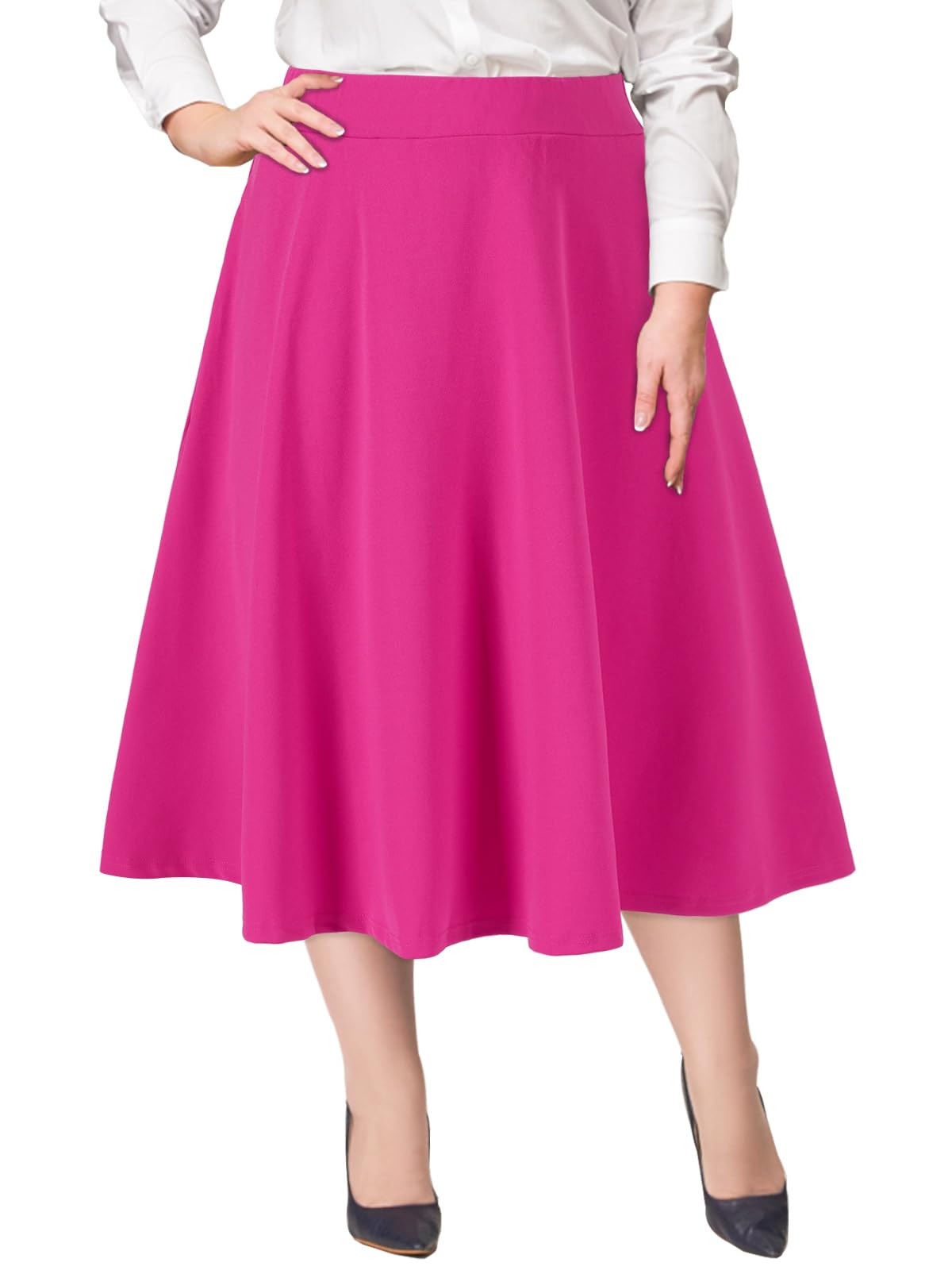 Plus Size Midi Skirt High Elastic Waist - Rose-Moon Wood